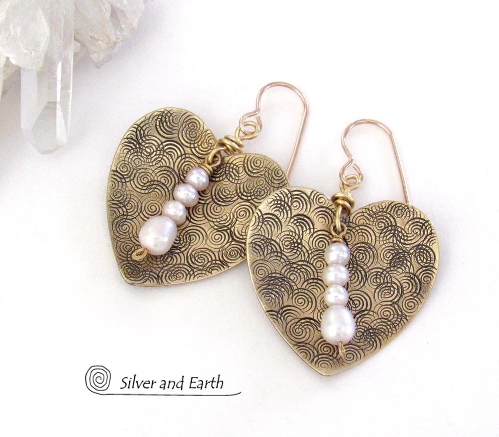 Gold Brass Heart Earrings with White Pearl Dangles - Anniversary Gifts for Women