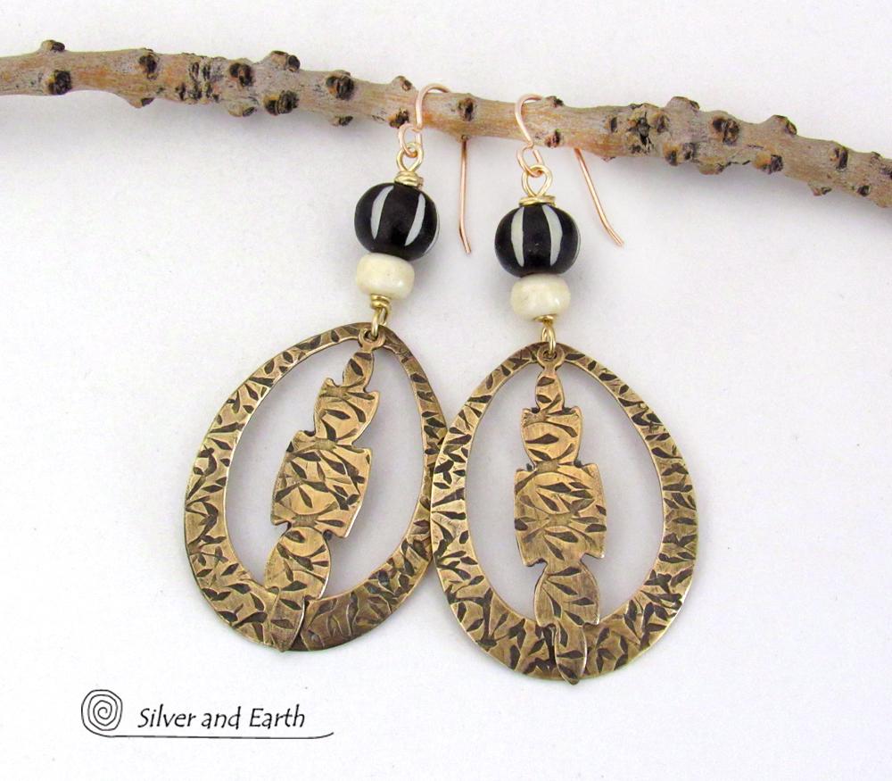 Large Gold Brass Hoop Dangle Earrings with African Batik & Bone Beads - Ethnic Tribal Bohemian Style Jewelry
