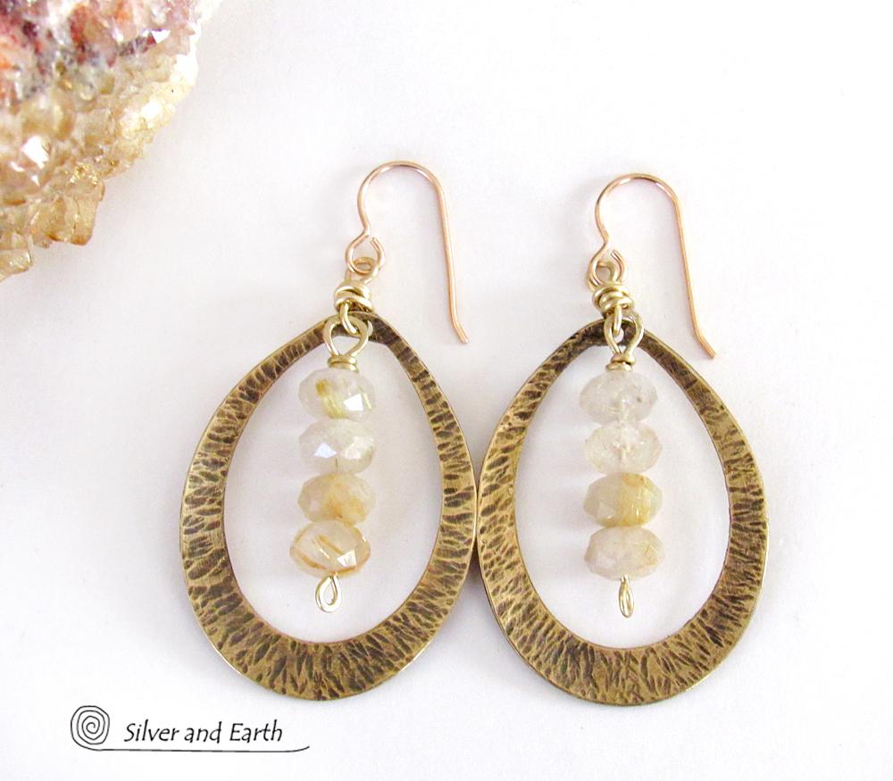 Gold Brass Hoop Earrings with Golden Rutilated Quartz Crystals -  Bold Modern Handcrafted Artisan Gemstone Jewelry