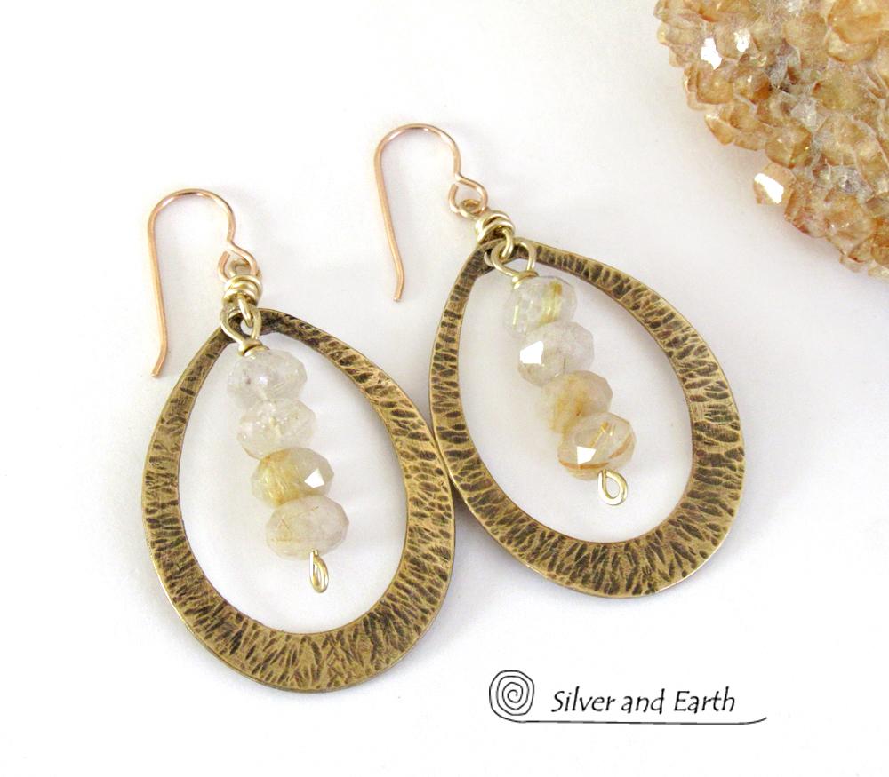 Gold Brass Hoop Earrings with Golden Rutilated Quartz Crystals -  Bold Modern Handcrafted Artisan Gemstone Jewelry