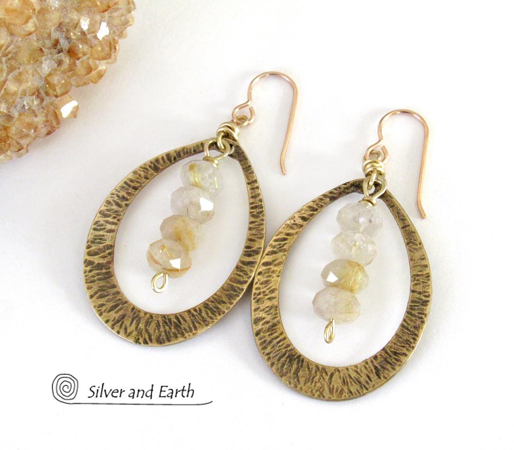 Gold Brass Hoop Earrings with Golden Rutilated Quartz Crystals -  Bold Modern Handcrafted Artisan Gemstone Jewelry