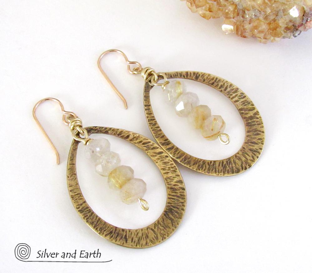 Gold Brass Hoop Earrings with Golden Rutilated Quartz Crystals -  Bold Modern Handcrafted Artisan Gemstone Jewelry