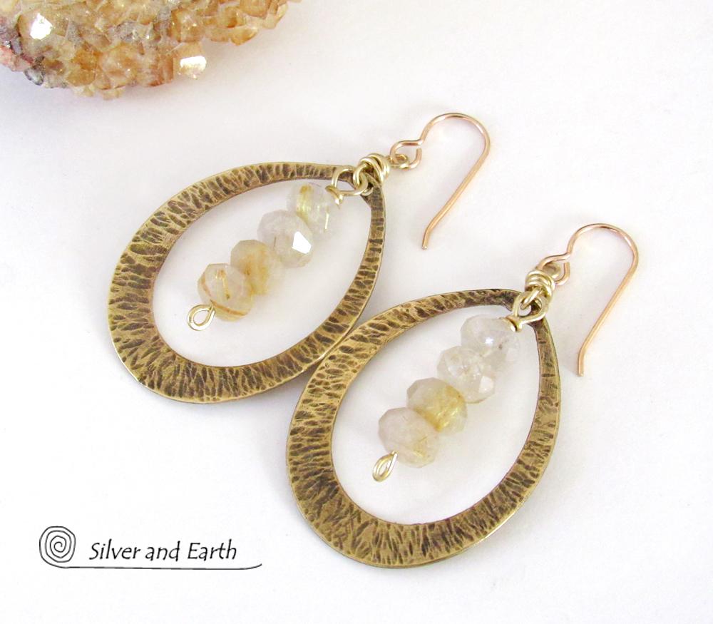 Gold Brass Hoop Earrings with Golden Rutilated Quartz Crystals -  Bold Modern Handcrafted Artisan Gemstone Jewelry