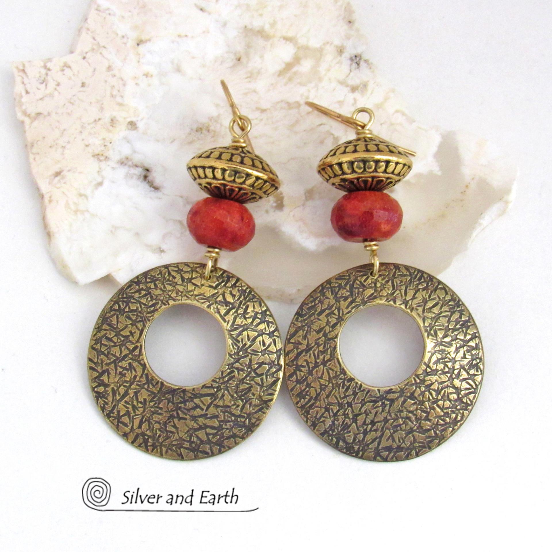 Textured Gold Brass Hoop Earrings with Faceted Red Coral & Brass Tribal Beads - Bold Modern Boho Chic Statement Jewelry 