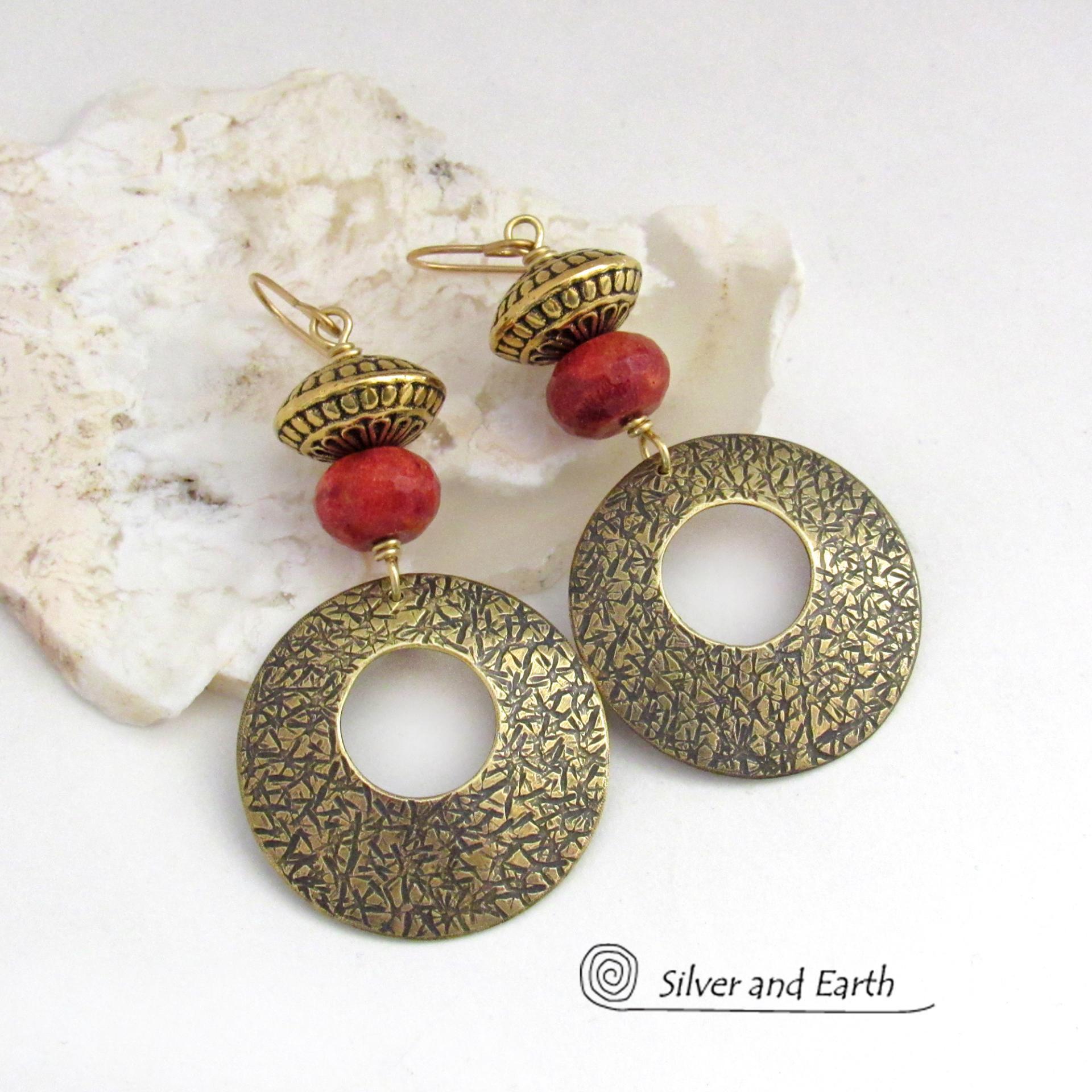 Textured Gold Brass Hoop Earrings with Faceted Red Coral & Brass Tribal Beads - Bold Modern Boho Chic Statement Jewelry 