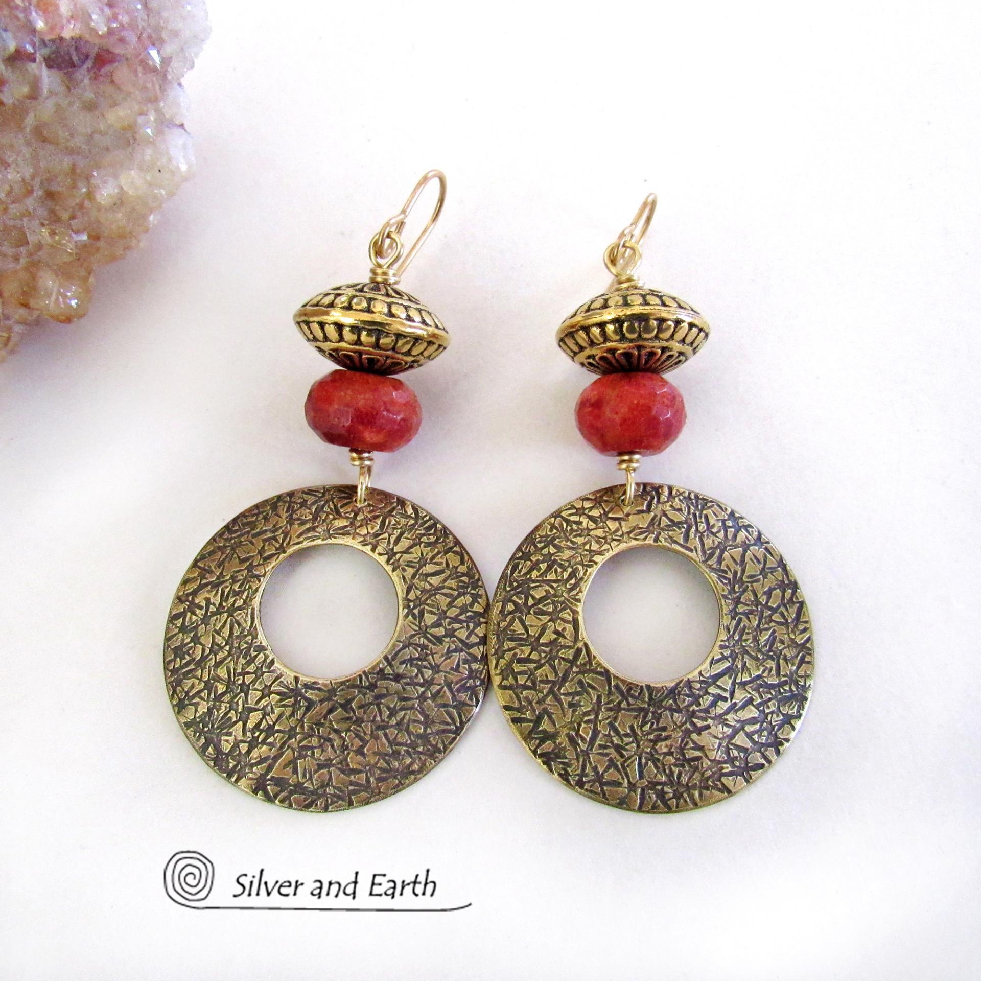 Textured Gold Brass Hoop Earrings with Faceted Red Coral & Brass Tribal Beads - Bold Modern Boho Chic Statement Jewelry 