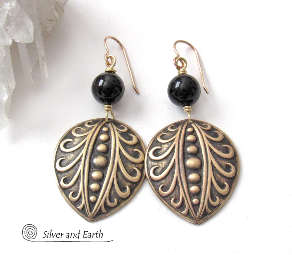 Embossed Gold Brass Earrings with Black Onyx Gemstones - Avant Garde Art Deco Style Jewelry