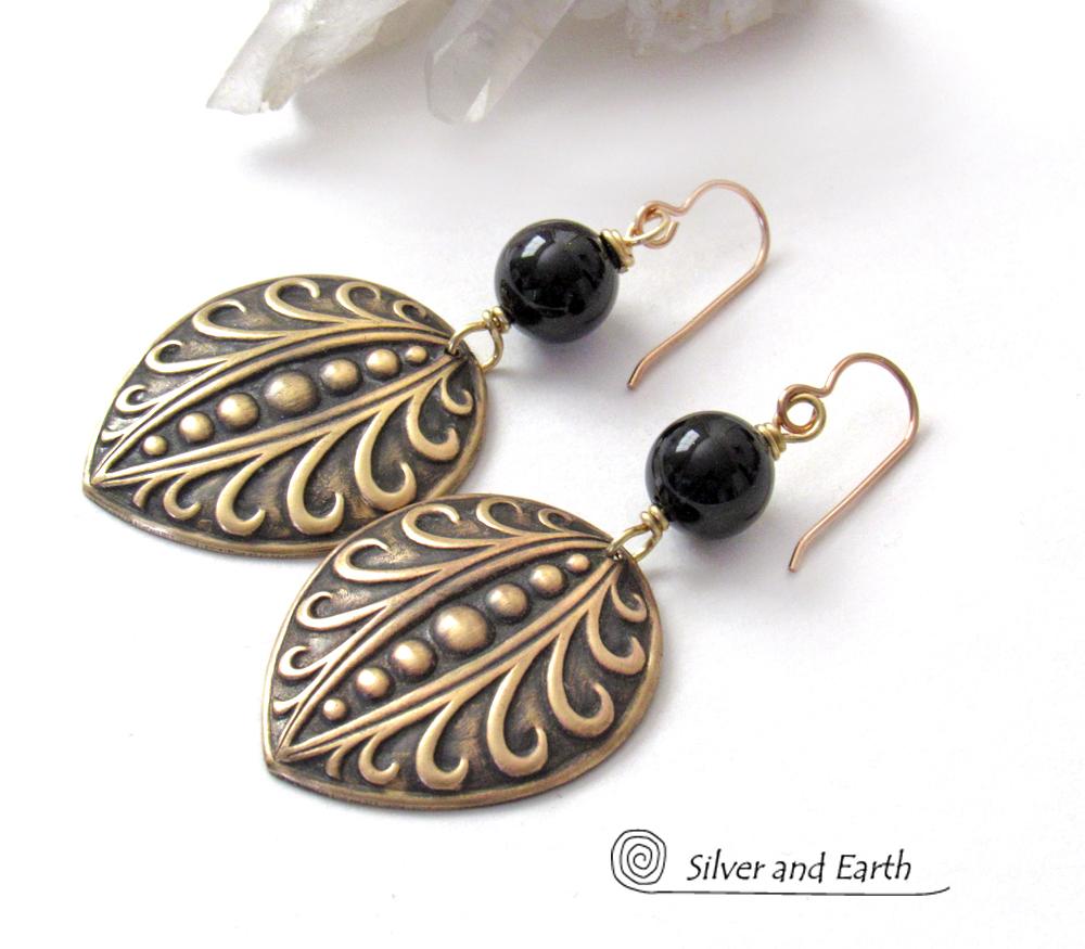 Embossed Gold Brass Earrings with Black Onyx Gemstones - Avant Garde Art Deco Style Jewelry