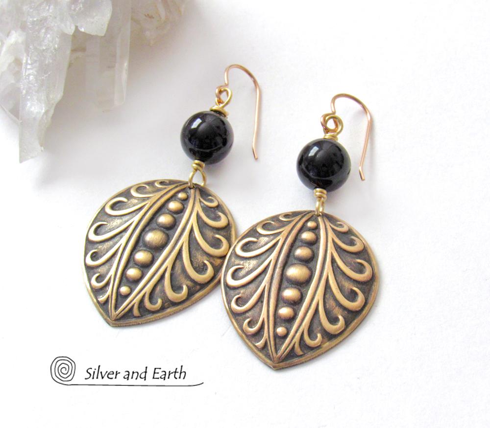 Embossed Gold Brass Earrings with Black Onyx Gemstones - Avant Garde Art Deco Style Jewelry