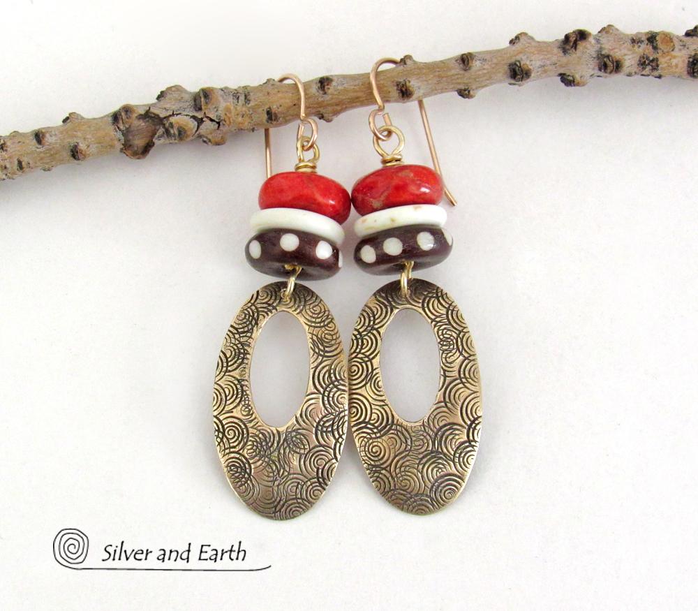 Gold Brass Oval Hoop Dangle Earrings with Red Coral & African Batik Bone Beads