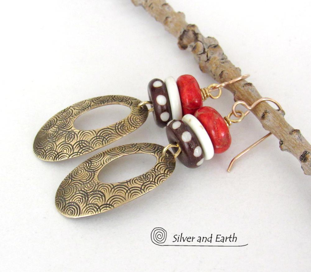 Gold Brass Oval Hoop Dangle Earrings with Red Coral & African Batik Bone Beads