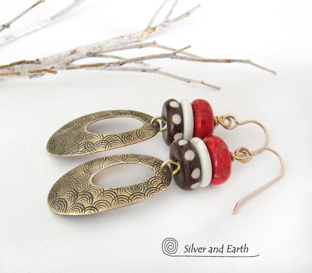 Gold Brass Oval Hoop Dangle Earrings with Red Coral & African Batik Bone Beads