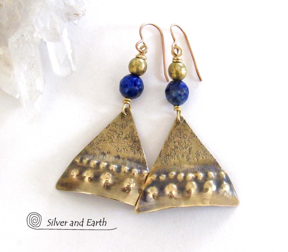 Textured Gold Brass Earrings with Blue Lapis Stones - Bold Exotic Egyptian Inspired Statement Jewelry
