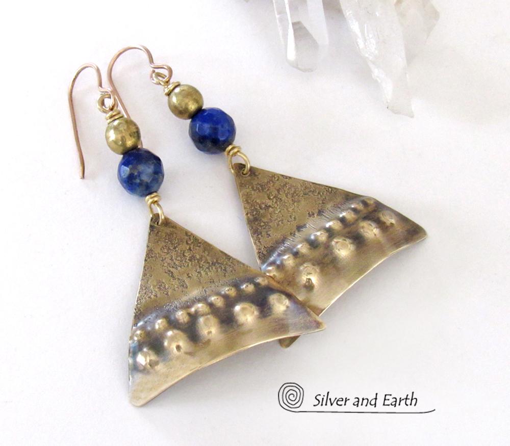Textured Gold Brass Earrings with Blue Lapis Stones - Bold Exotic Egyptian Inspired Statement Jewelry