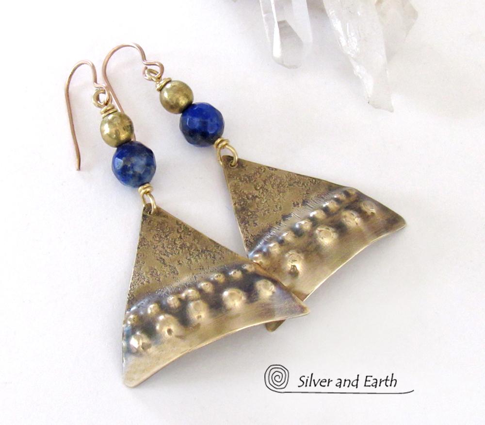 Textured Gold Brass Earrings with Blue Lapis Stones - Bold Exotic Egyptian Inspired Statement Jewelry