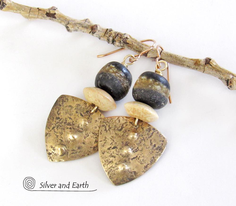 Gold Brass Tribal Shield Earrings with African Clay Beads - Bold Exotic Ethnic Tribal Jewelry