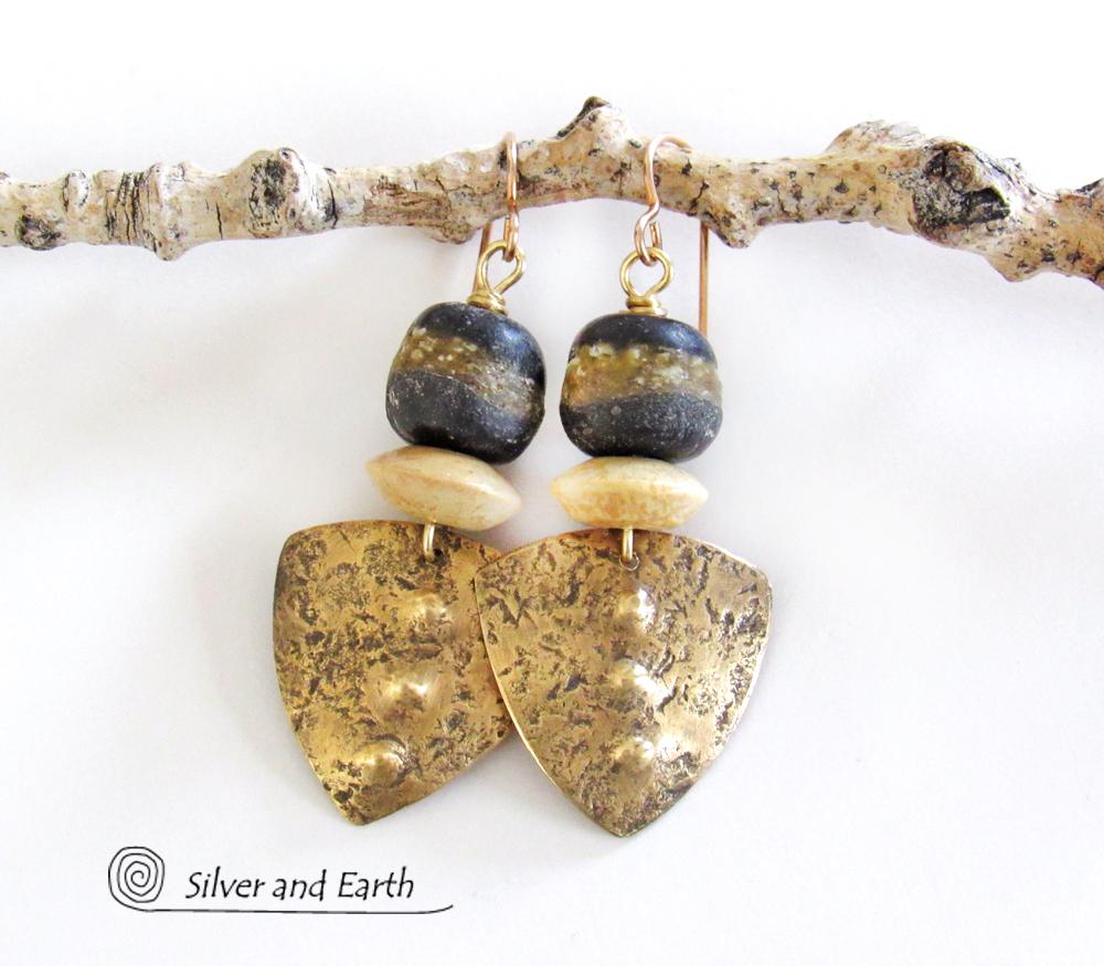 Gold Brass Tribal Shield Earrings with African Clay Beads - Bold Exotic Ethnic Tribal Jewelry