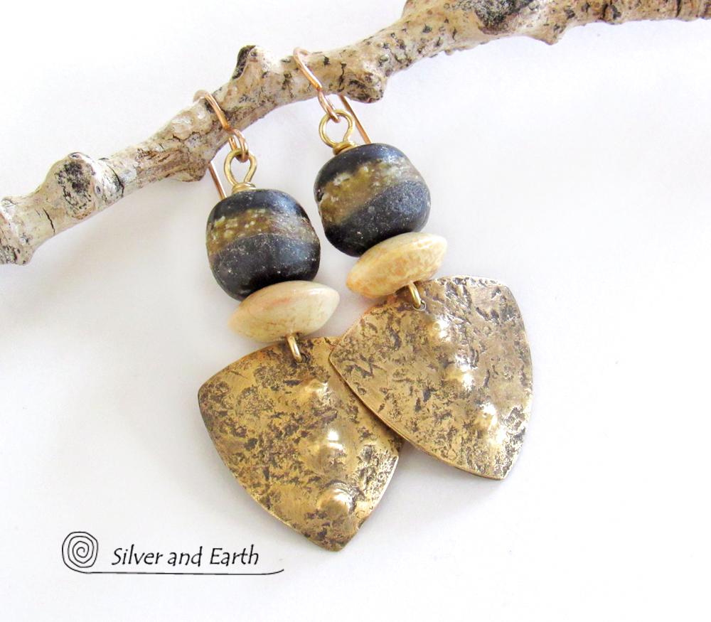 Gold Brass Tribal Shield Earrings with African Clay Beads - Bold Exotic Ethnic Tribal Jewelry