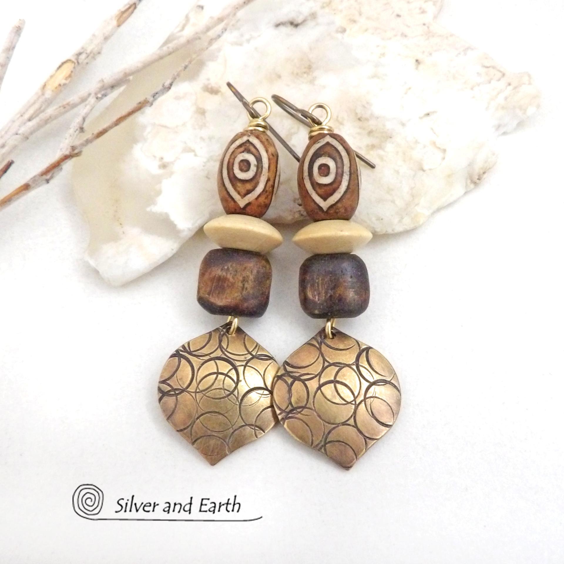 Hand Stamped Gold Brass Earrings with Brown Tibetan Agate Stones - Ethnic Boho Tribal Style Jewelry