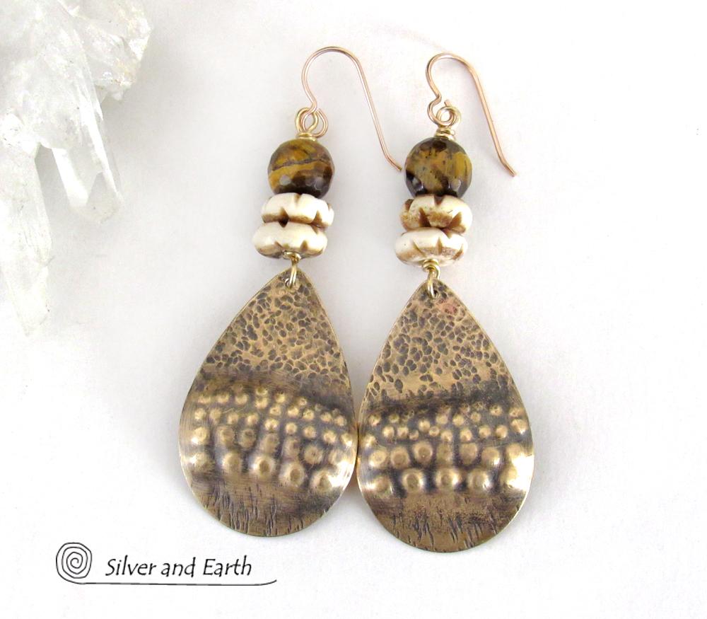 Brass Tribal Earrings with Faceted Brown Tiger's Eye Gemstones and African Carved Bone