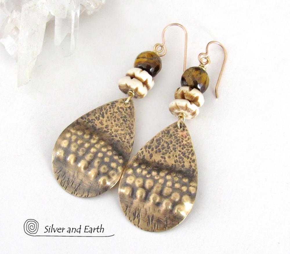 Brass Tribal Earrings with Faceted Brown Tiger's Eye Gemstones and African Carved Bone