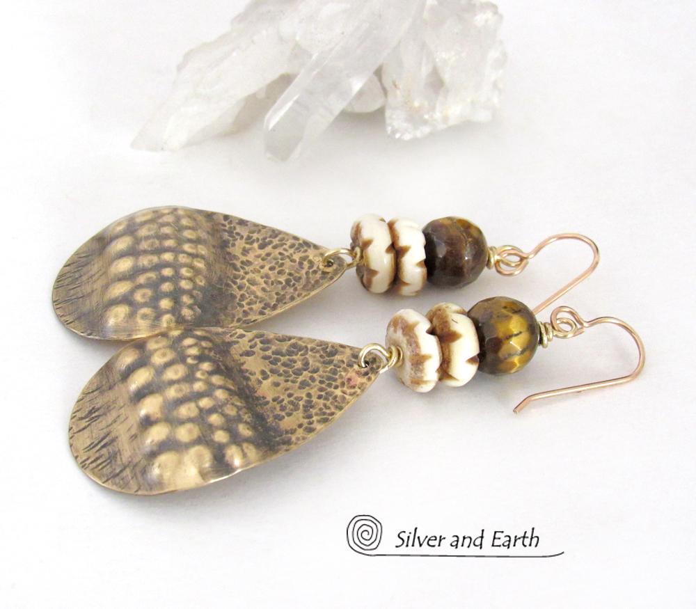 Brass Tribal Earrings with Faceted Brown Tiger's Eye Gemstones and African Carved Bone