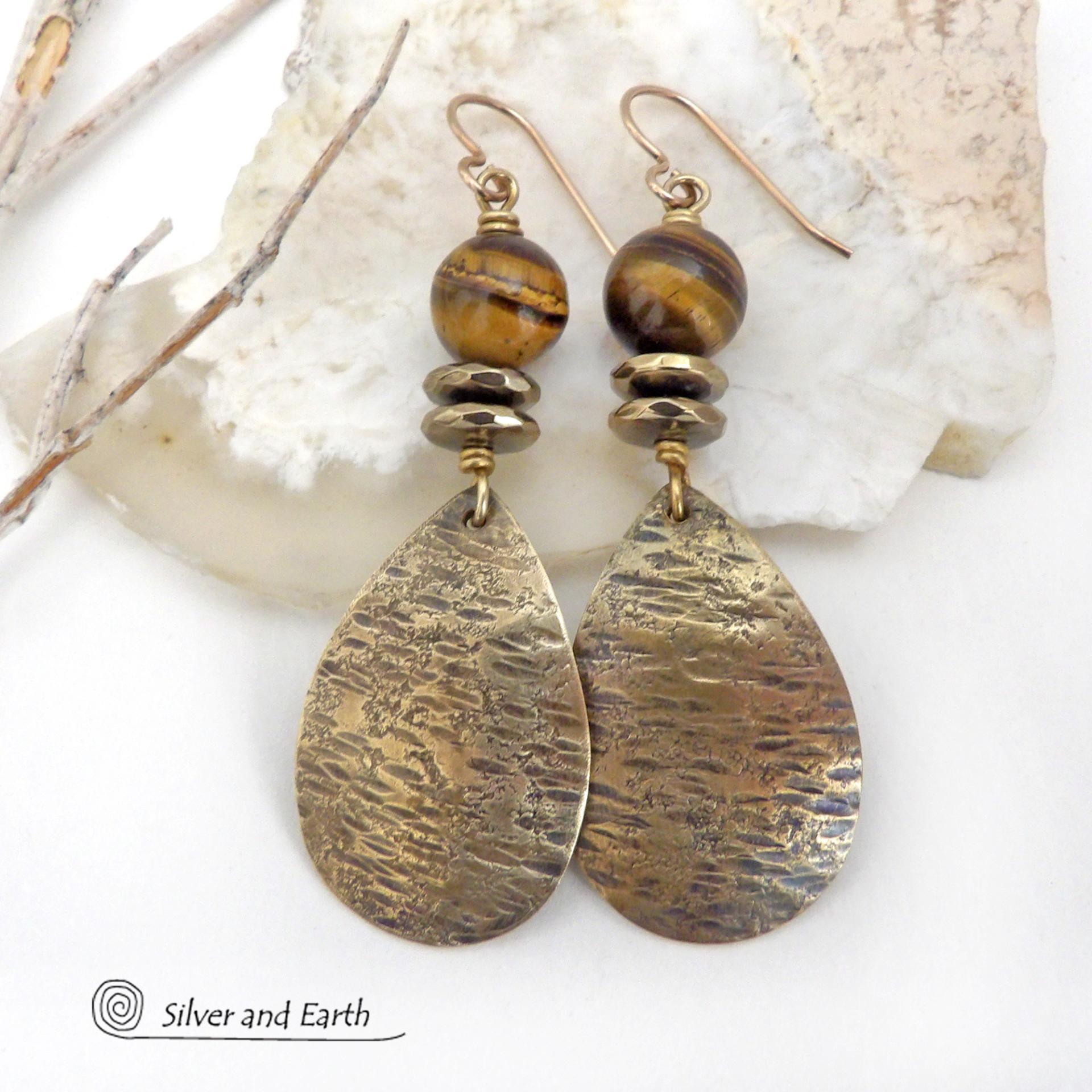 Textured Gold Brass Dangle Earrings with Brown Tiger's Eye Gemstones