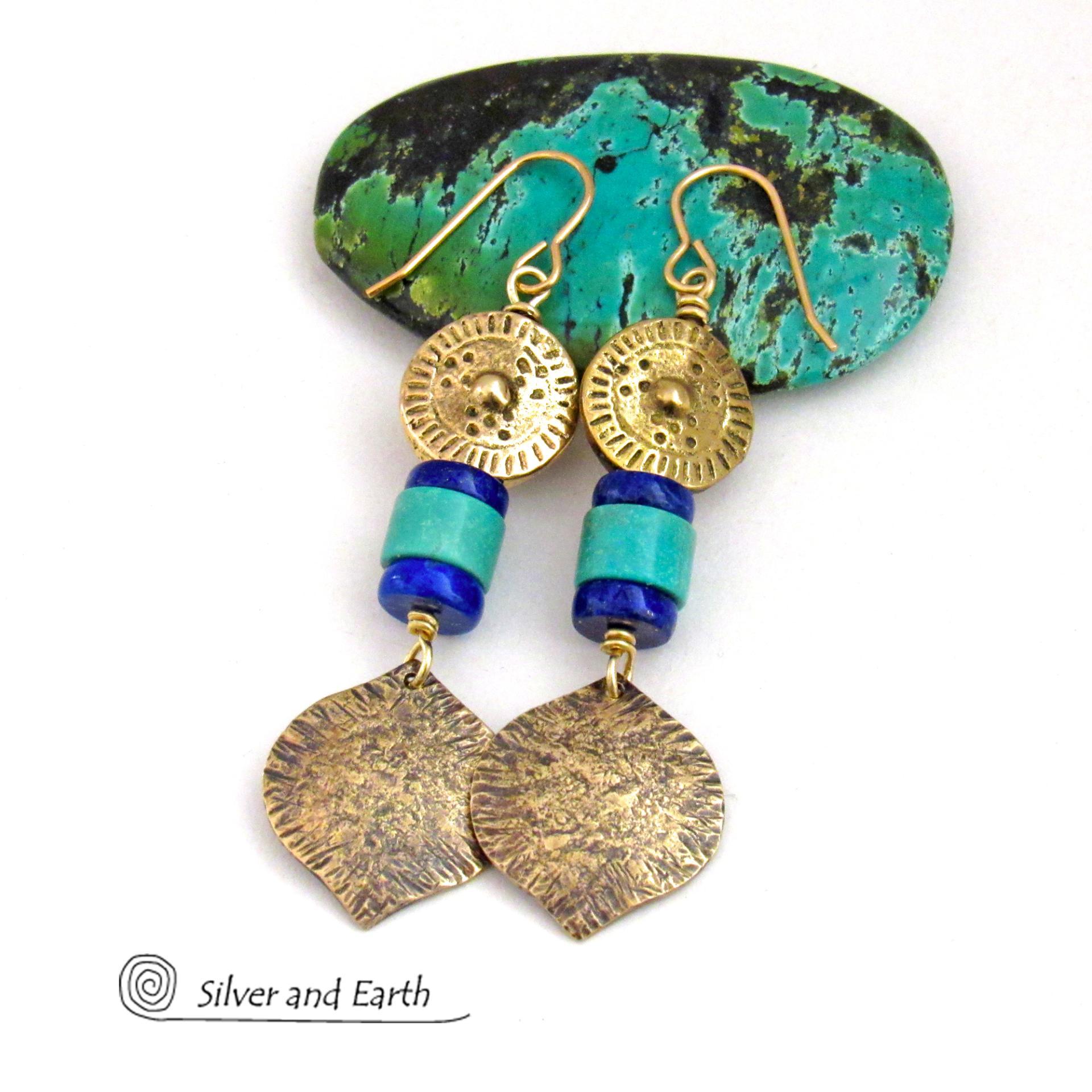 Turquoise and Lapis Gold Brass Earrings with Ethnic Tribal Coin Beads - Bold Exotic Egyptian Style Jewelry
