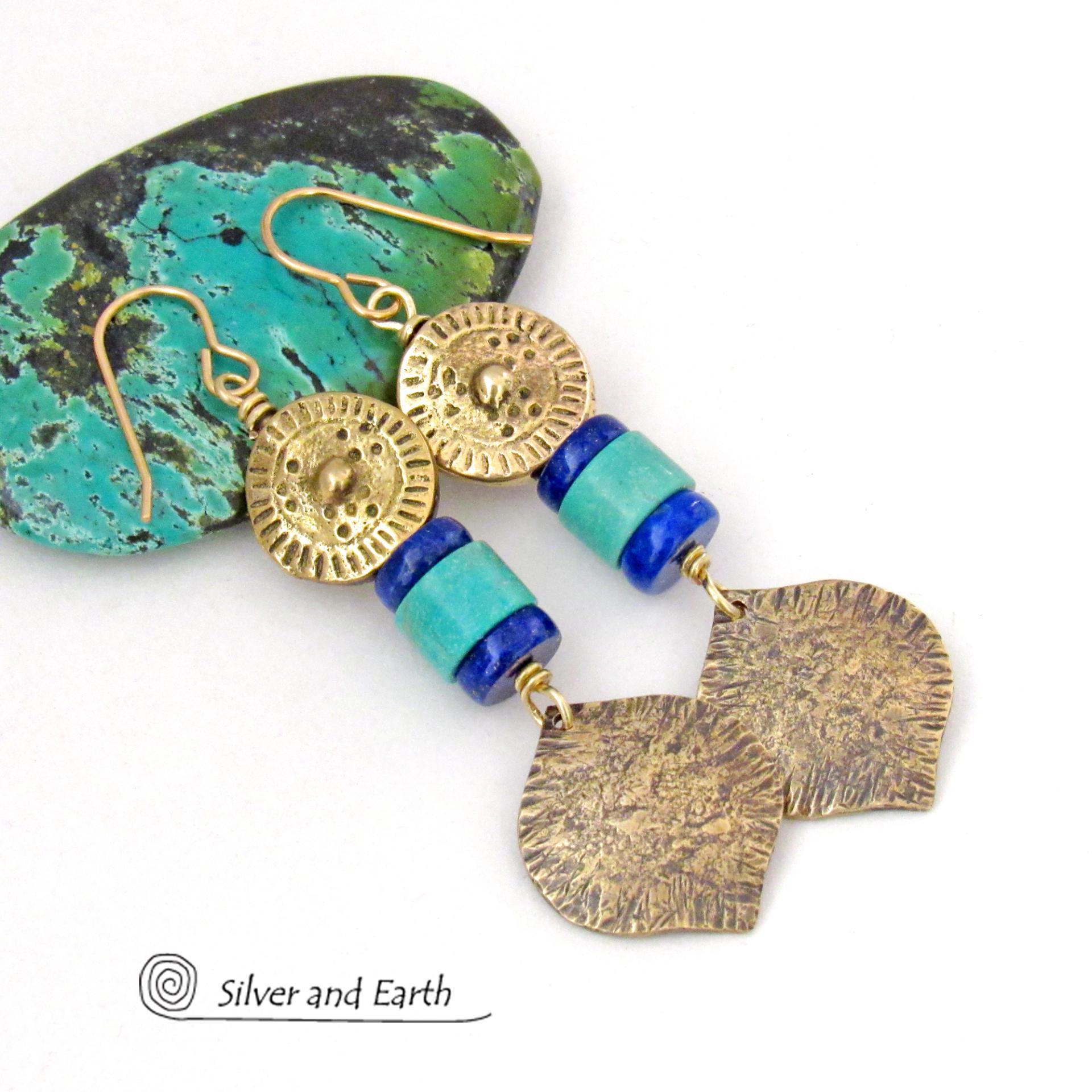 Turquoise and Lapis Gold Brass Earrings with Ethnic Tribal Coin Beads - Bold Exotic Egyptian Style Jewelry