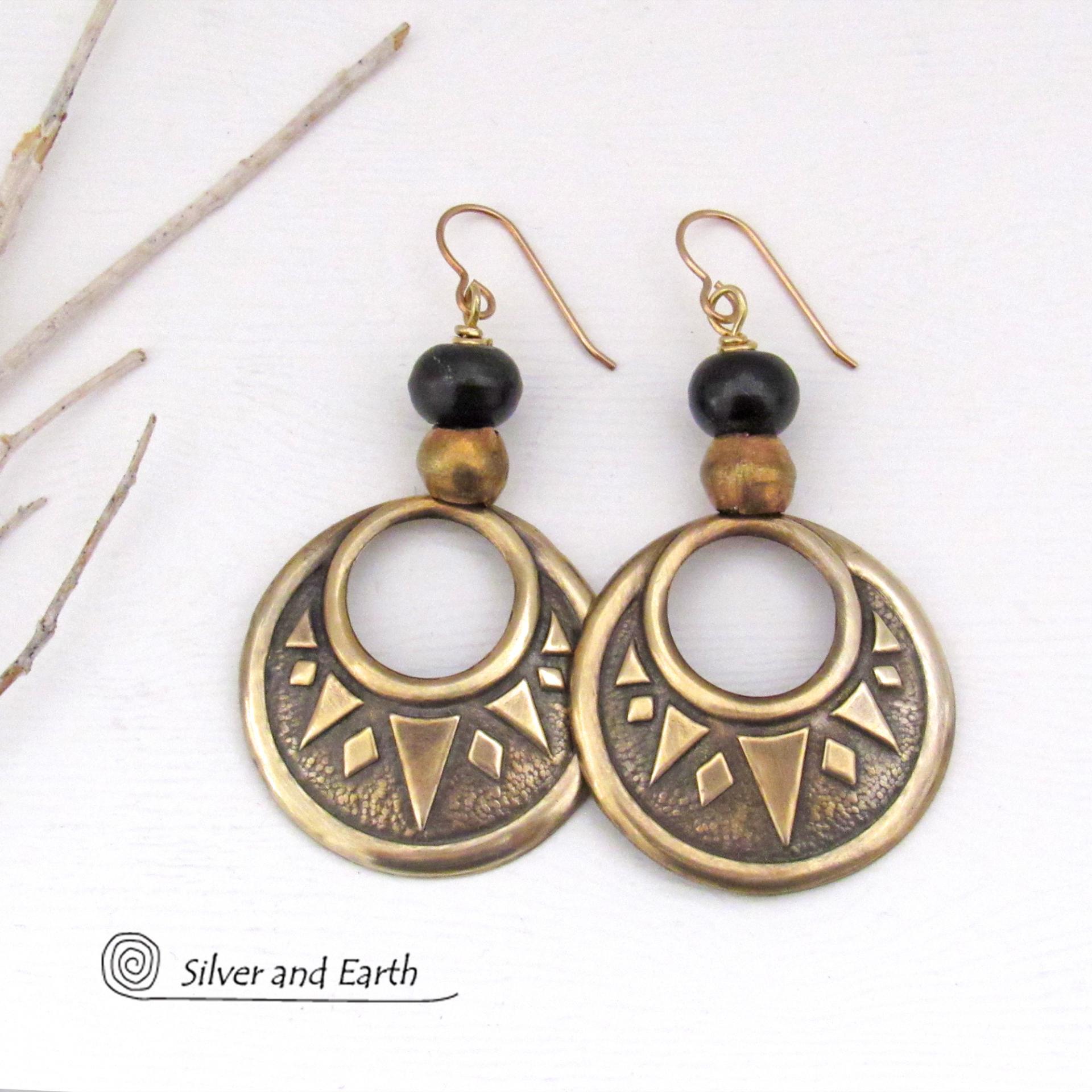 Large Brass Textured Hoop Earrings with Black and Brass Beads - Bold Ethnic Tribal Jewelry