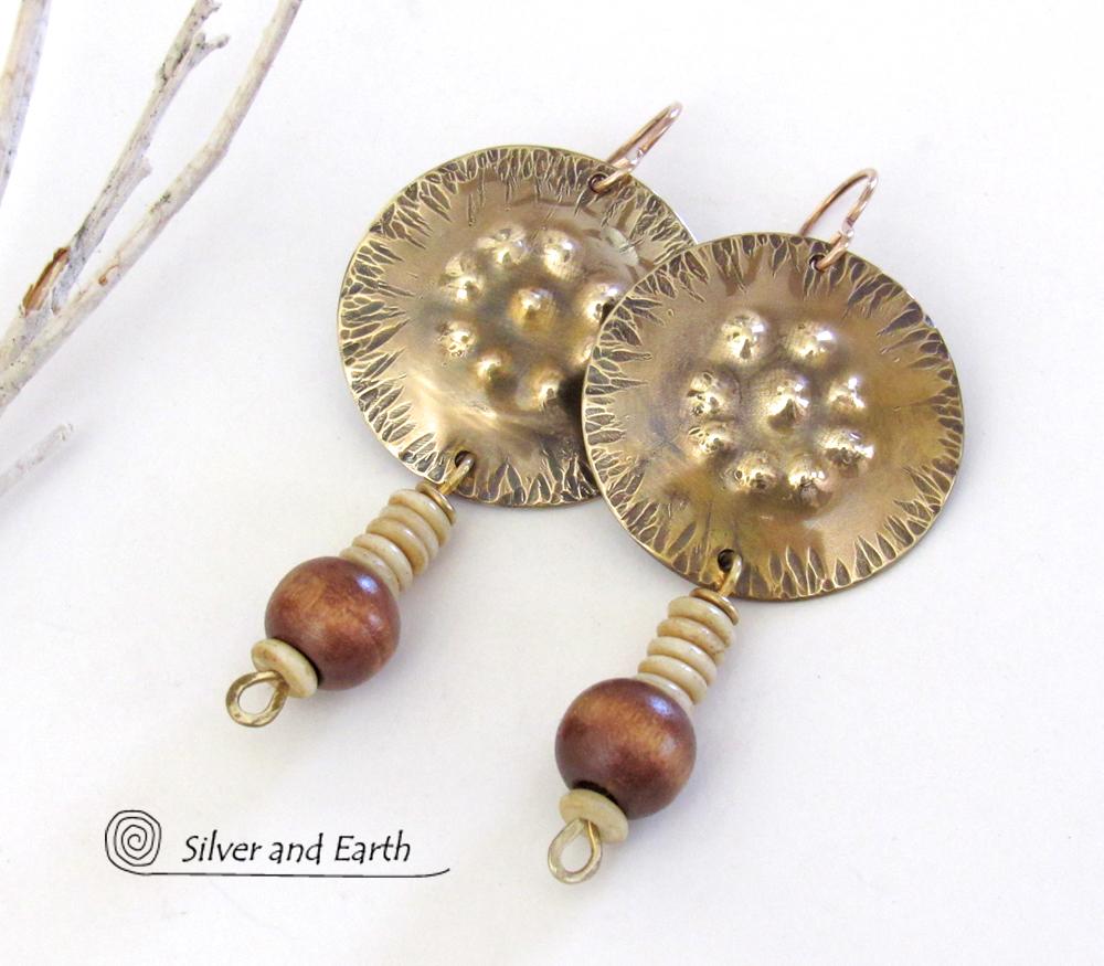 Textured Gold Brass Earrings with Wood Bead Dangles - Unique Handmade Bohemian Tribal Style Jewelry