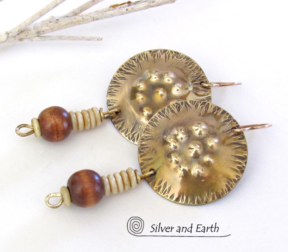 Textured Gold Brass Earrings with Wood Bead Dangles - Unique Handmade Bohemian Tribal Style Jewelry