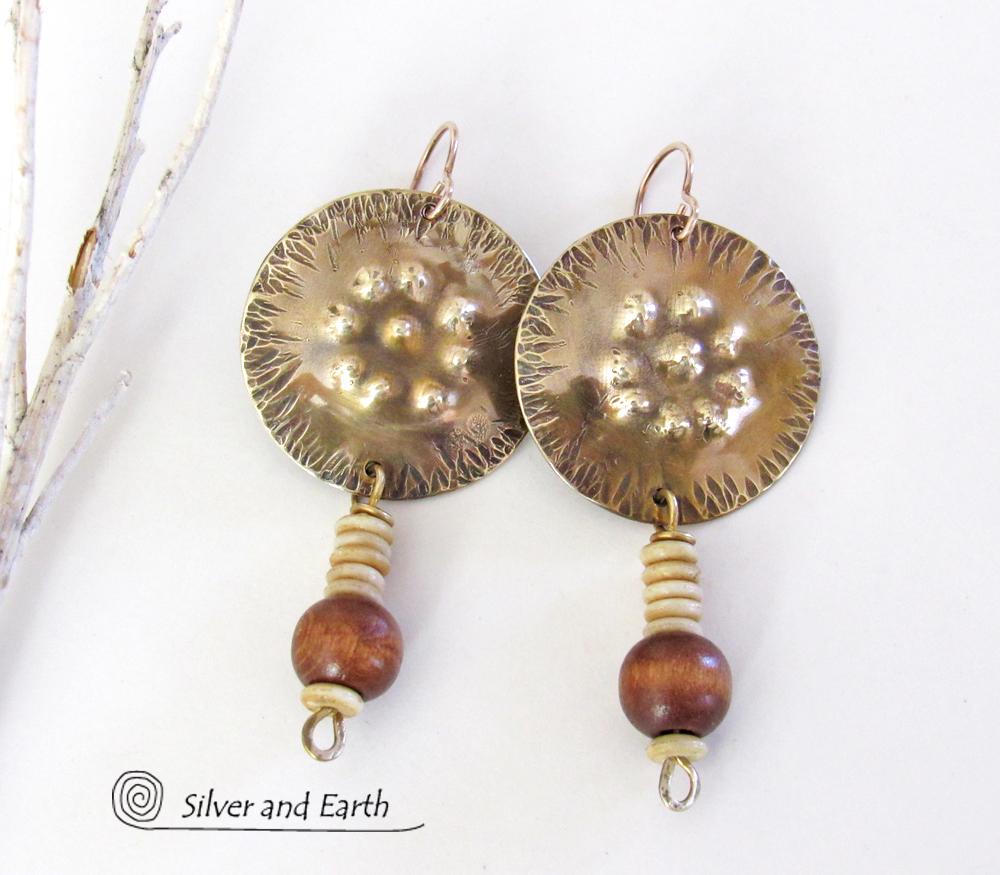 Textured Gold Brass Earrings with Wood Bead Dangles - Unique Handmade Bohemian Tribal Style Jewelry