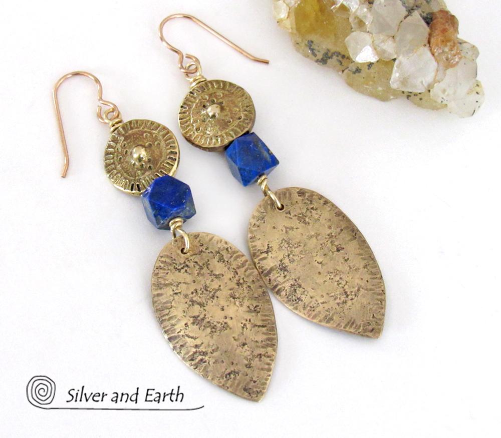 Tribal Spear Gold Brass Earrings with Faceted Blue Lapis Gemstones - Ancient Egyptian Style Jewelry 