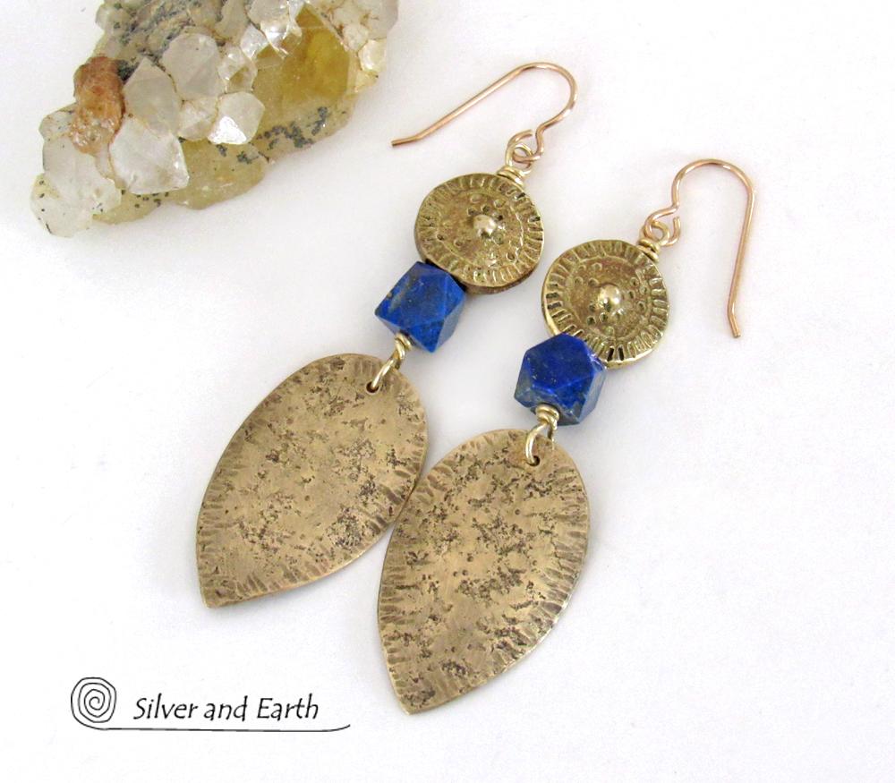 Tribal Spear Gold Brass Earrings with Faceted Blue Lapis Gemstones - Ancient Egyptian Style Jewelry 