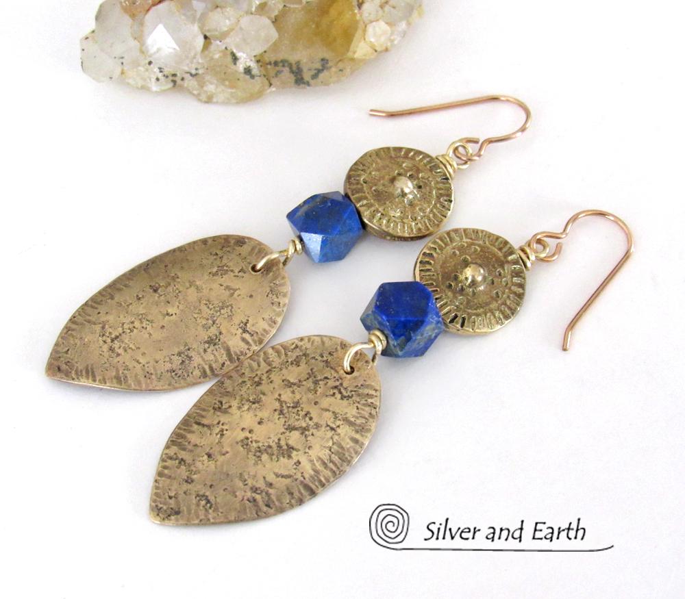 Tribal Spear Gold Brass Earrings with Faceted Blue Lapis Gemstones - Ancient Egyptian Style Jewelry 