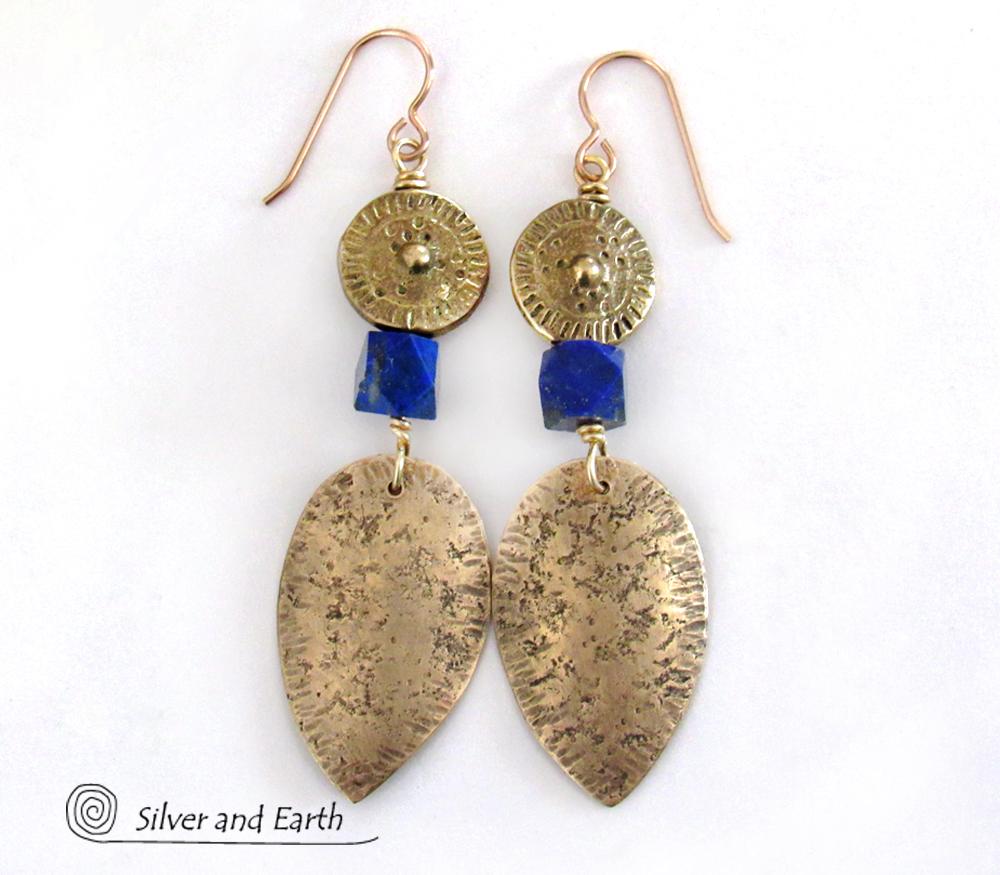 Tribal Spear Gold Brass Earrings with Faceted Blue Lapis Gemstones - Ancient Egyptian Style Jewelry 