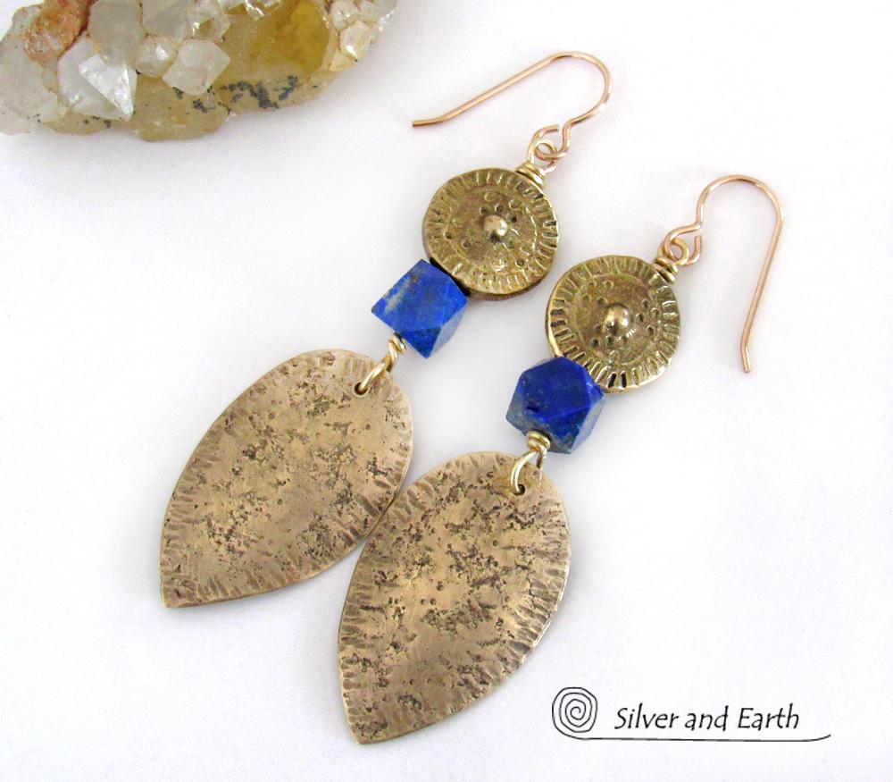 Tribal Spear Gold Brass Earrings with Faceted Blue Lapis Gemstones - Ancient Egyptian Style Jewelry 