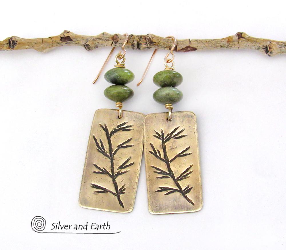 Gold Brass Earrings with Hand Stamped Twig Design & Green Serpentine Stones - Earthy Nature Inspired Jewelry