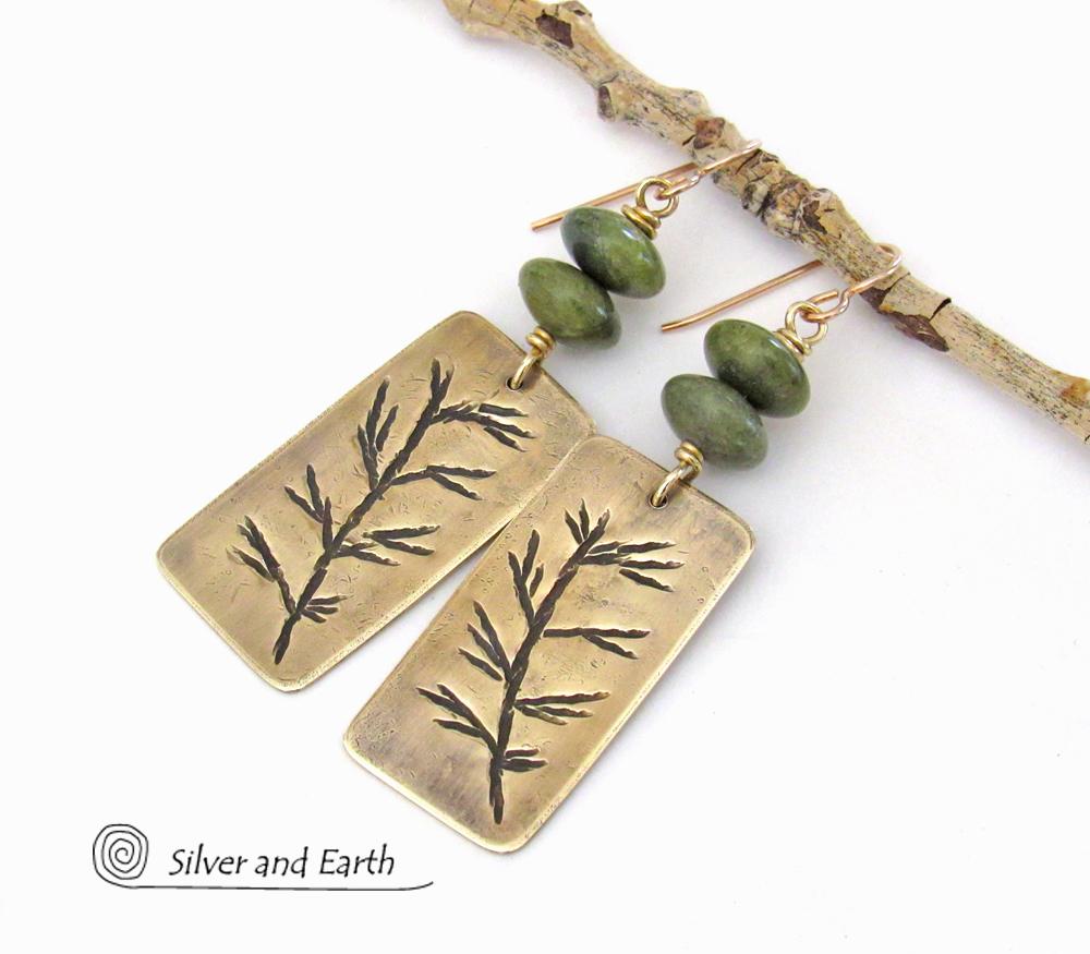 Gold Brass Earrings with Hand Stamped Twig Design & Green Serpentine Stones - Earthy Nature Inspired Jewelry