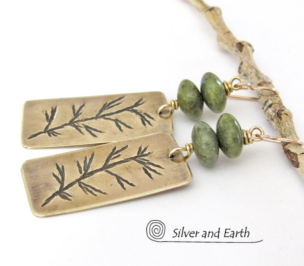 Gold Brass Earrings with Hand Stamped Twig Design & Green Serpentine Stones - Earthy Nature Inspired Jewelry