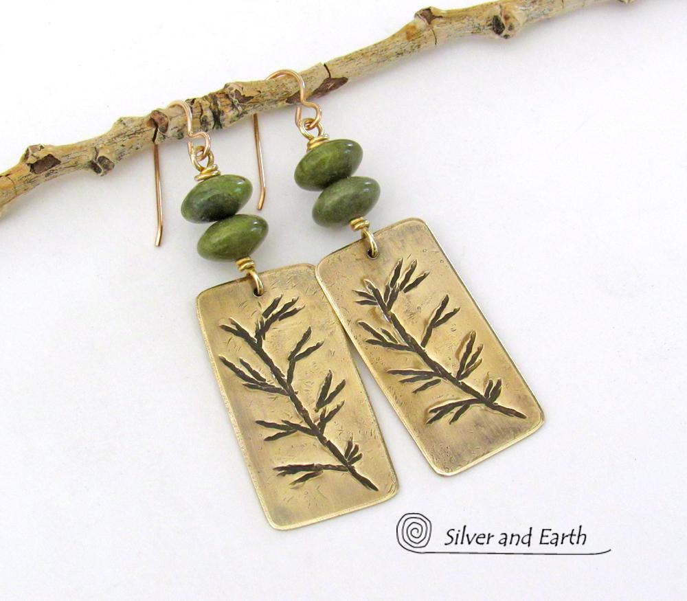 Gold Brass Earrings with Hand Stamped Twig Design & Green Serpentine Stones - Earthy Nature Inspired Jewelry