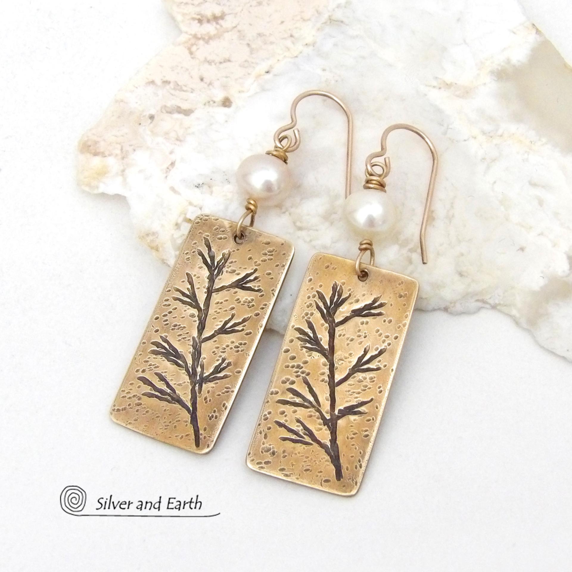 Gold Brass Earrings with Hand Stamped Twigs & White Pearls -  Unique Jewelry Gifts for Nature Lovers