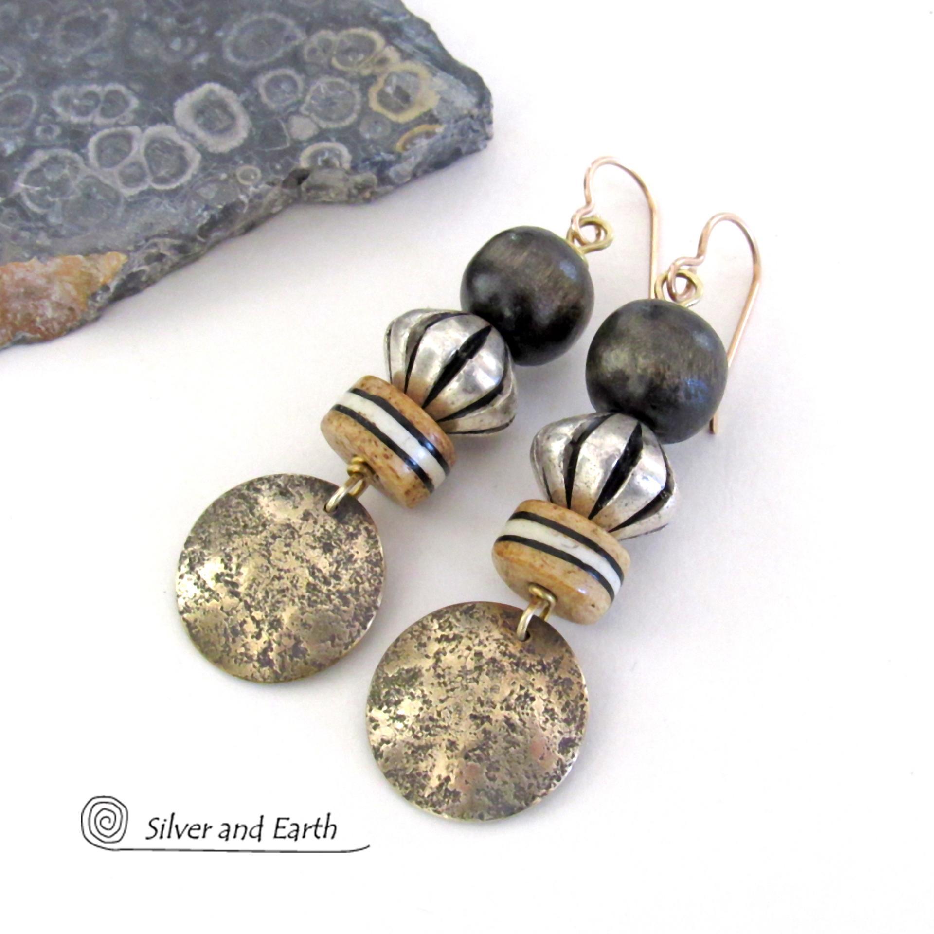 Gold Brass Earrings with African Batik Bone & Dark Brown Wood Beads - Ethnic Boho Tribal African Style Jewelry