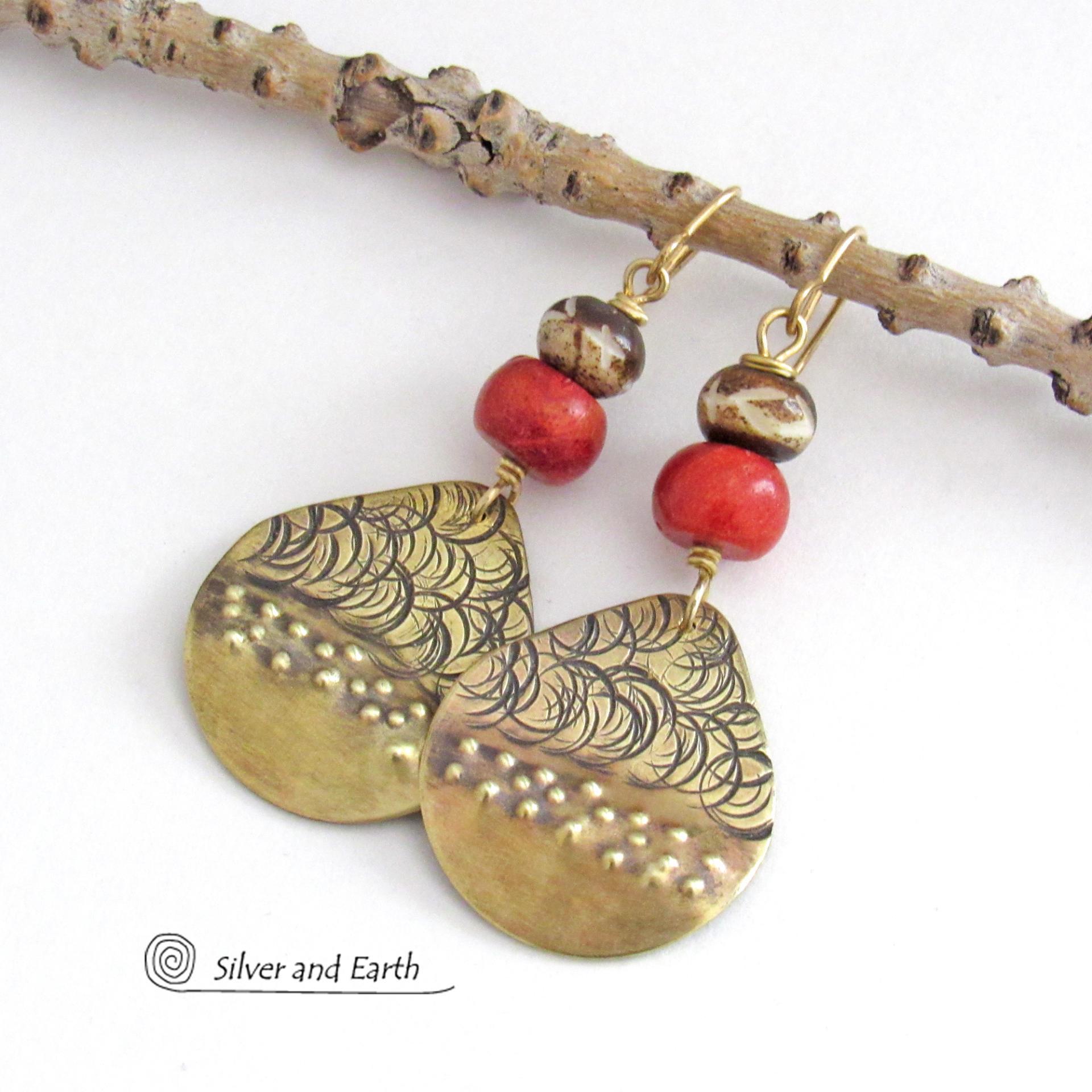 Bronze Earrings with Red Coral & African Carved Bone - Handcrafted Boho Chic Tribal Style Statement Jewelry