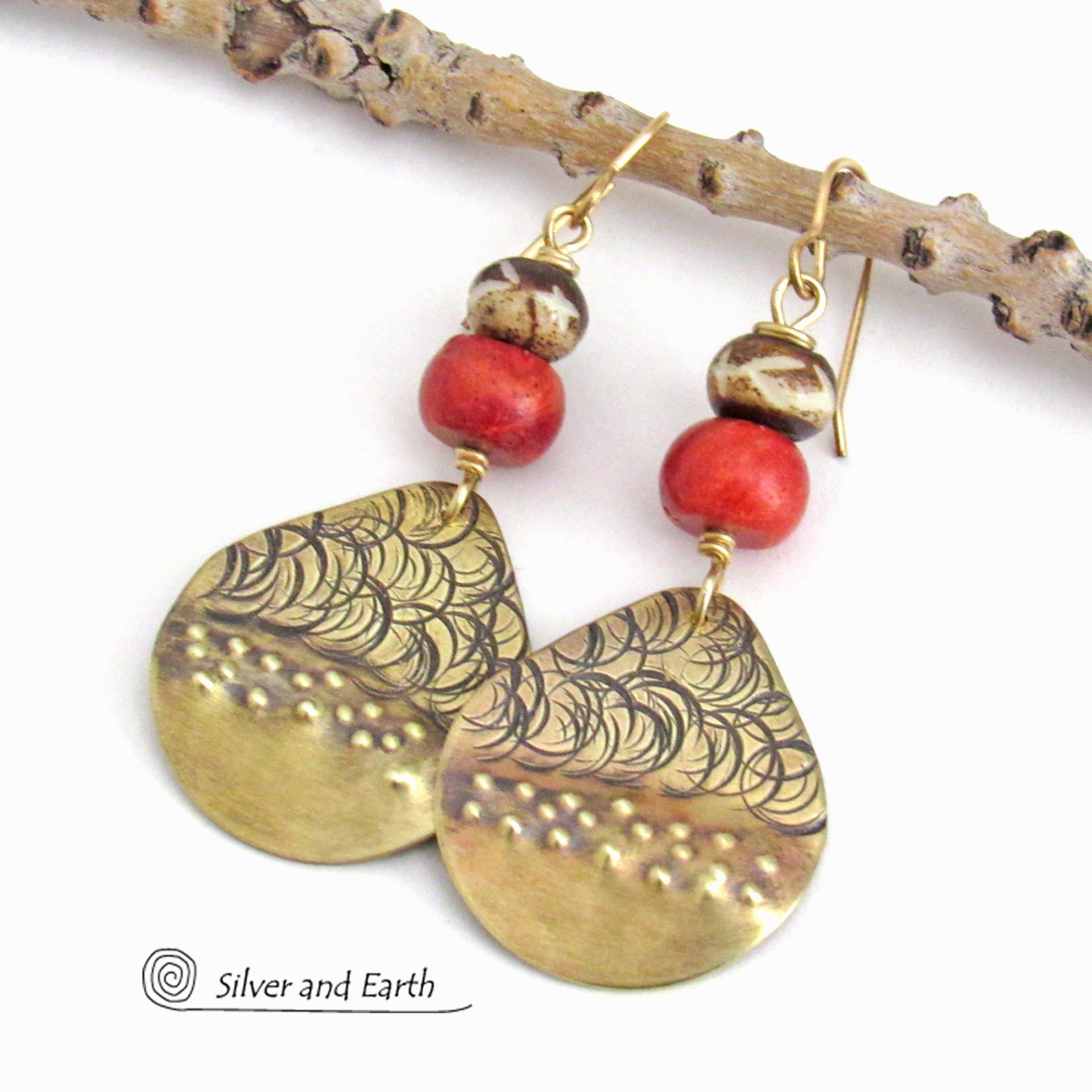 Bronze Earrings with Red Coral & African Carved Bone - Handcrafted Boho Chic Tribal Style Statement Jewelry