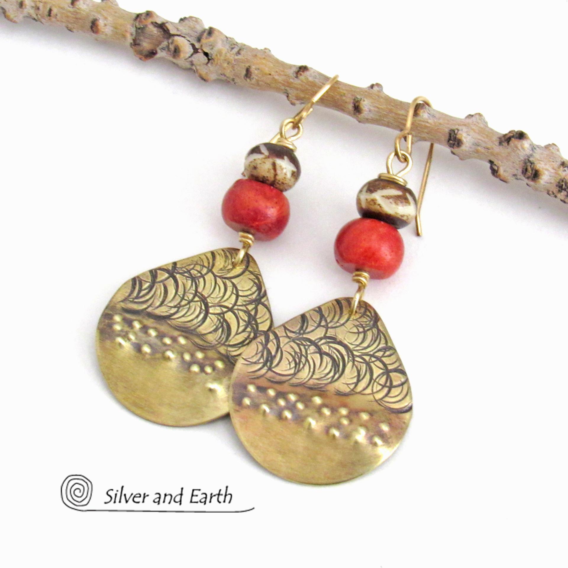 Bronze Earrings with Red Coral & African Carved Bone - Handcrafted Boho Chic Tribal Style Statement Jewelry