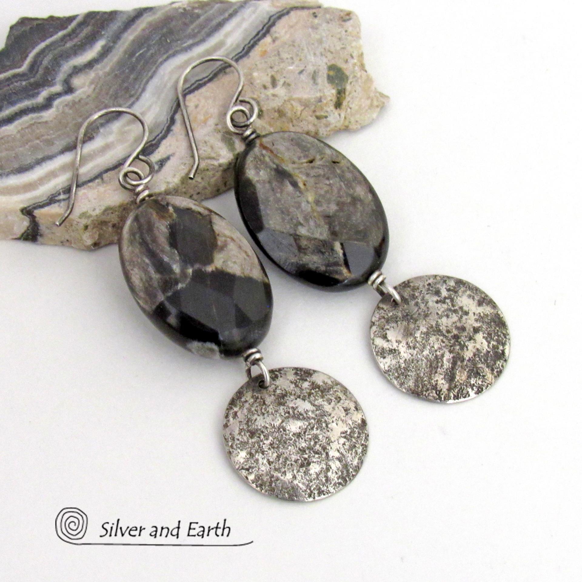Sterling Silver Earrings with Brown Sparkly Mica Stones - Faceted Gemstone and Sterling Jewelry