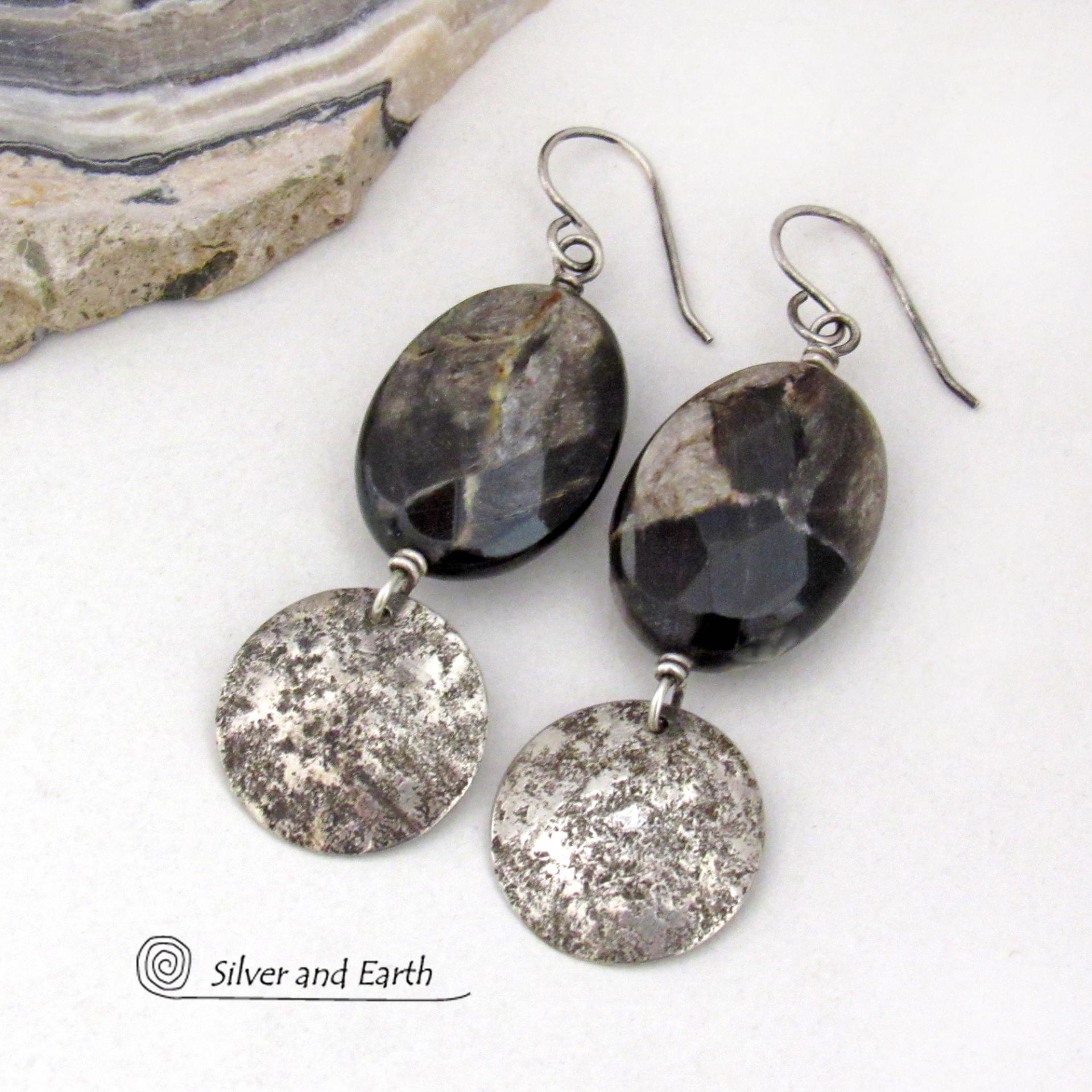 Sterling Silver Earrings with Brown Sparkly Mica Stones - Faceted Gemstone and Sterling Jewelry