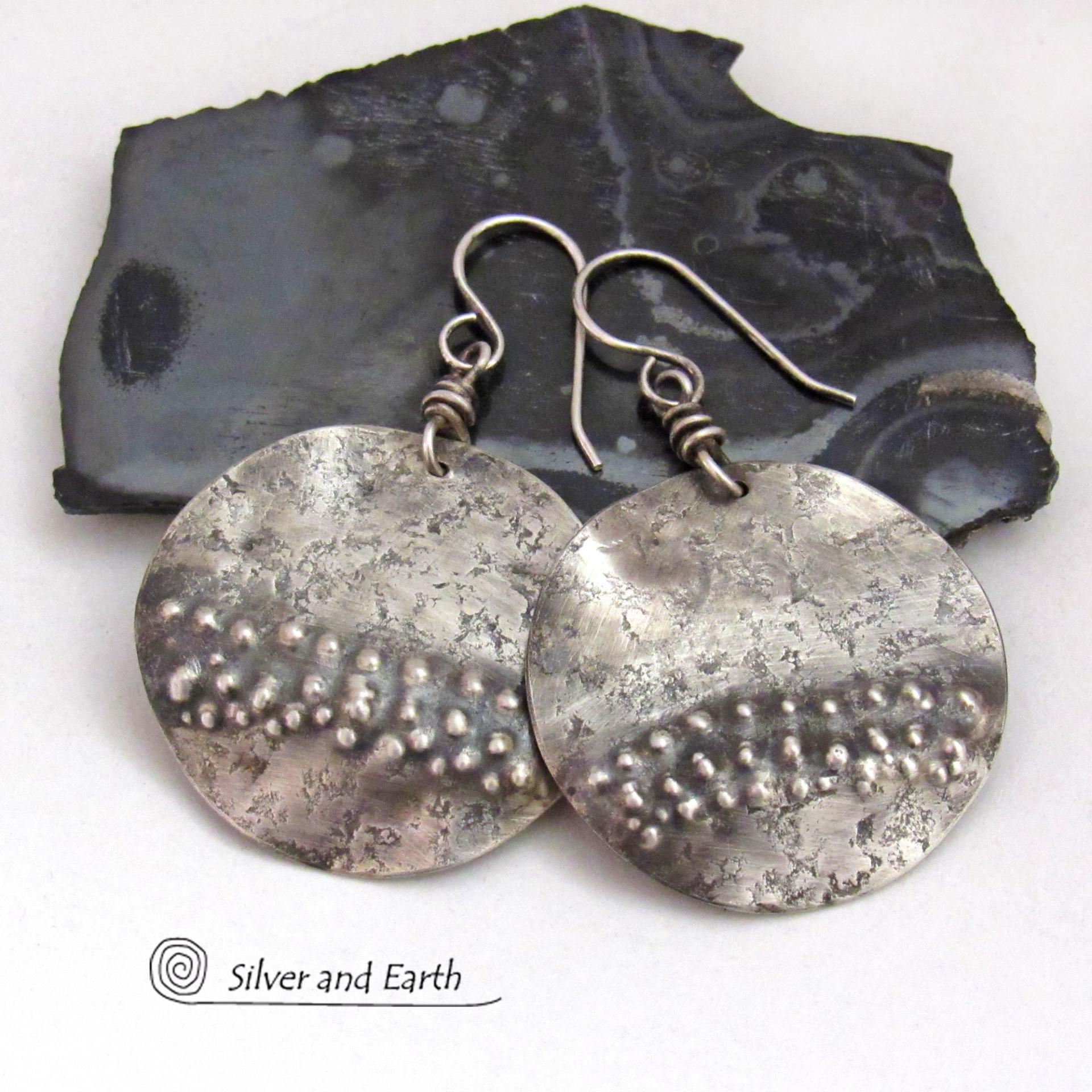 Sterling Silver Earrings with a Hammered Rustic Earthy Organic Texture - Edgy Modern Artisan Handcrafted Jewelry